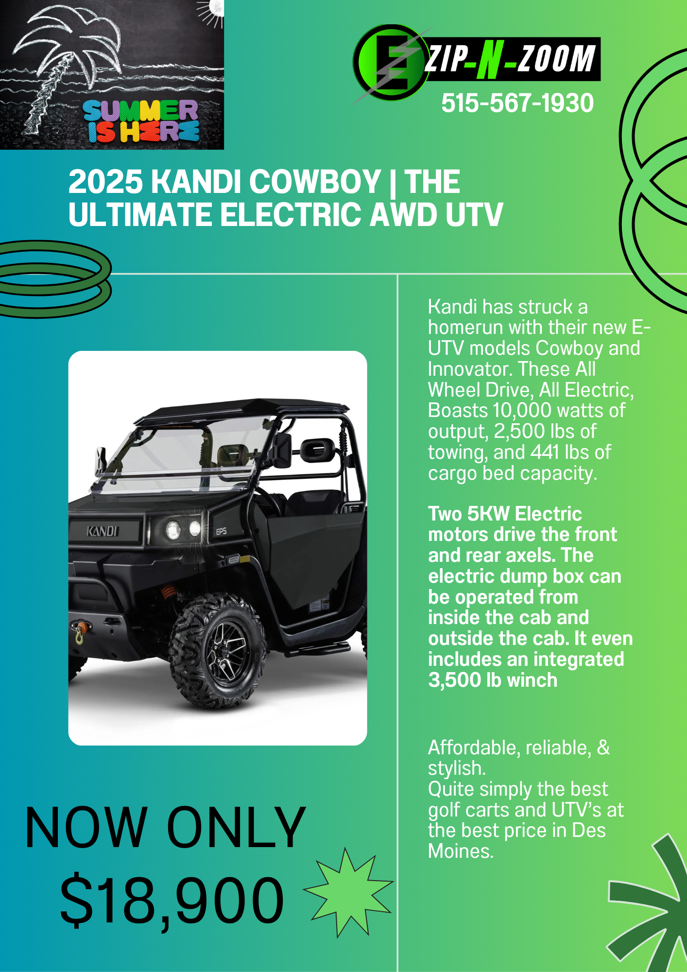 Kandi Cowboy eUTV | All Wheel Drive - Electric Dump Box - Matte Black