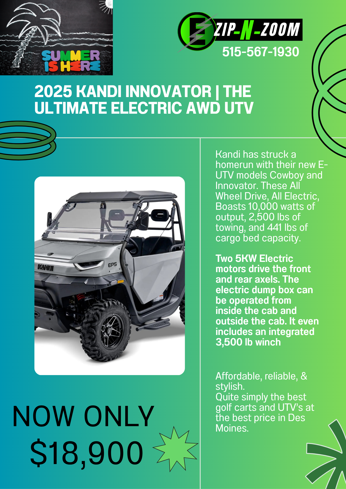 Kandi Innovator eUTV | All Wheel Drive - Electric Dump Box - Gray