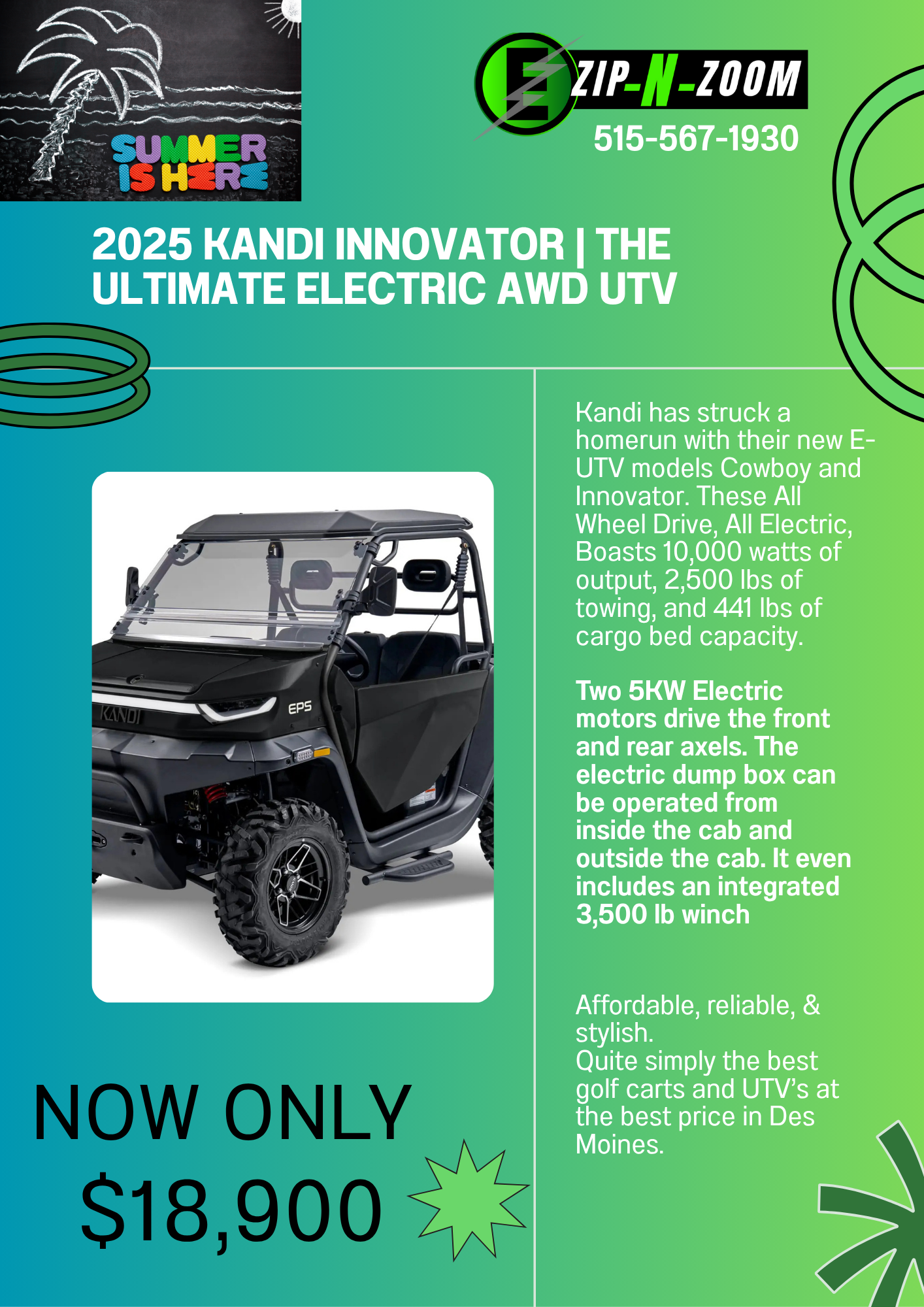 Kandi Innovator eUTV | All Wheel Drive - Electric Dump Box - Matte Black